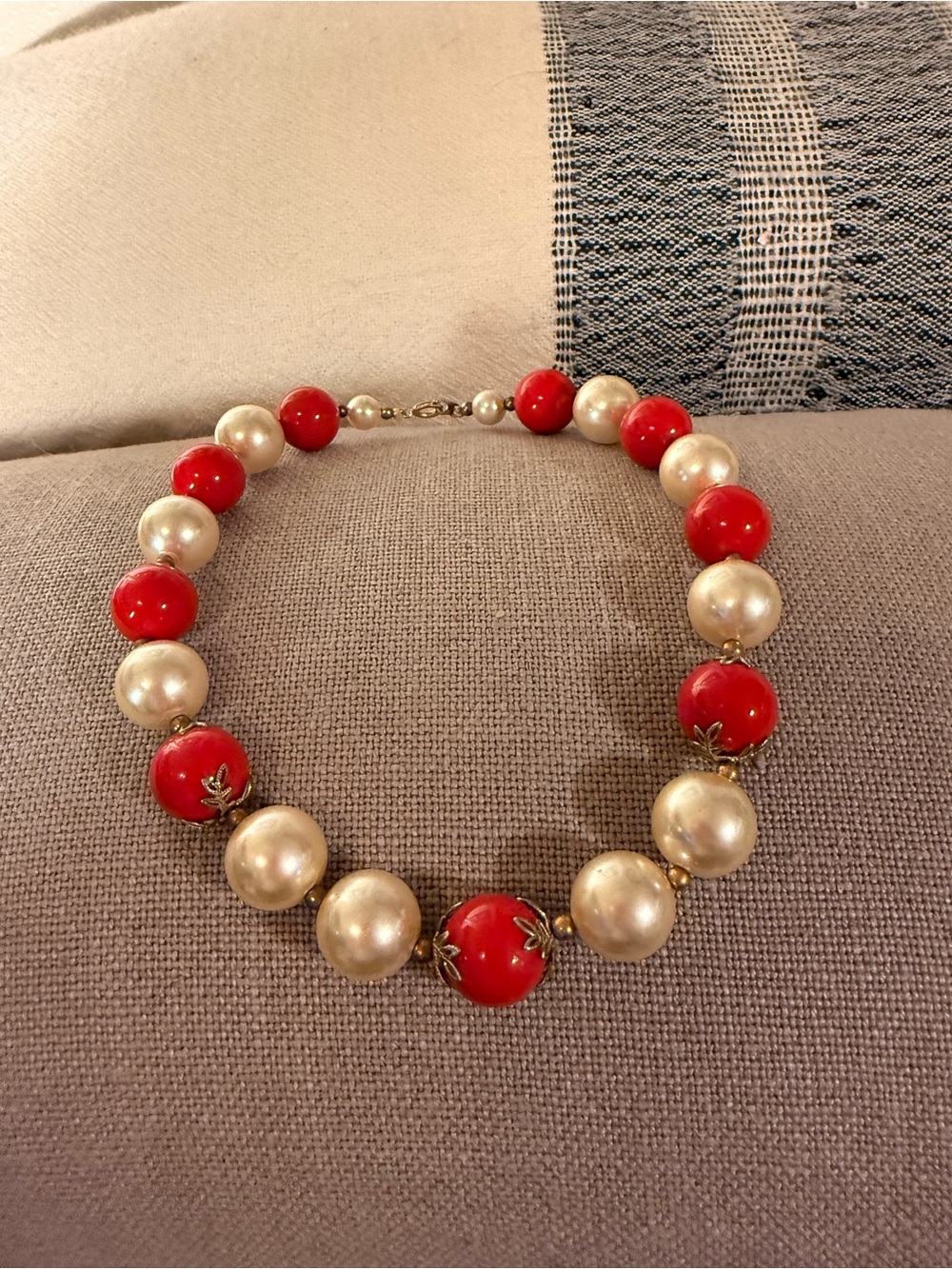 Vintage Red and Pearl Bead Necklace - Women Jewelry